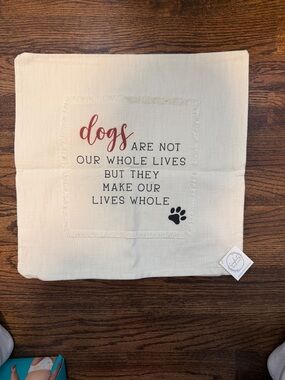 Simplicity Cream Dog Quote Pillow Cover with Red Script and Black Paw